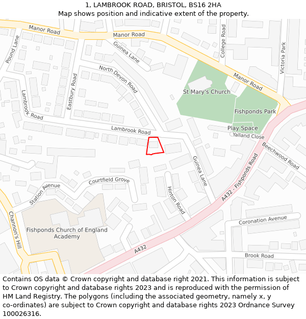1, LAMBROOK ROAD, BRISTOL, BS16 2HA: Location map and indicative extent of plot