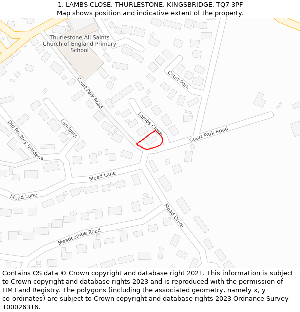 1, LAMBS CLOSE, THURLESTONE, KINGSBRIDGE, TQ7 3PF: Location map and indicative extent of plot
