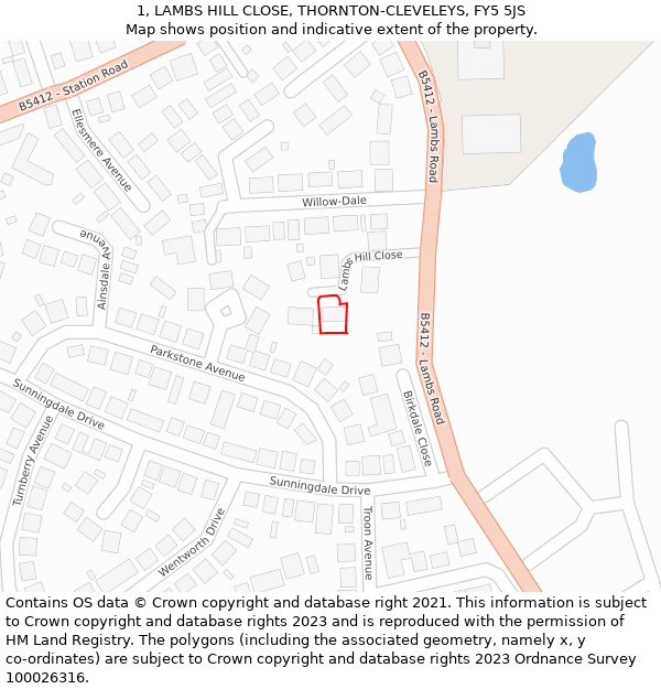 1, LAMBS HILL CLOSE, THORNTON-CLEVELEYS, FY5 5JS: Location map and indicative extent of plot