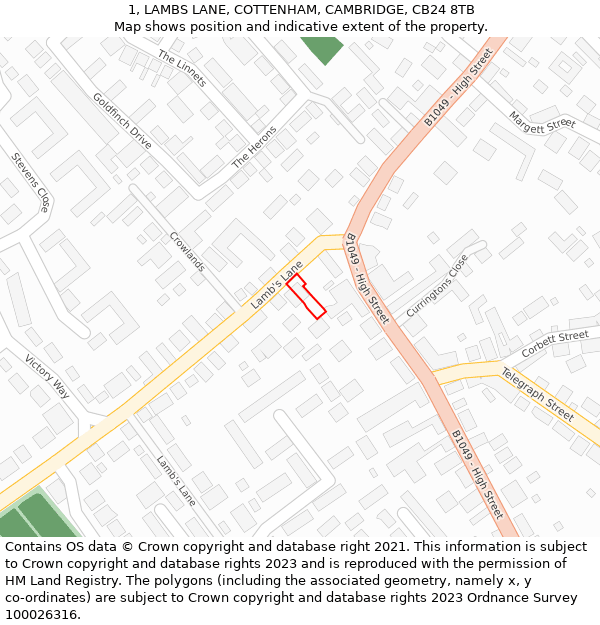 1, LAMBS LANE, COTTENHAM, CAMBRIDGE, CB24 8TB: Location map and indicative extent of plot