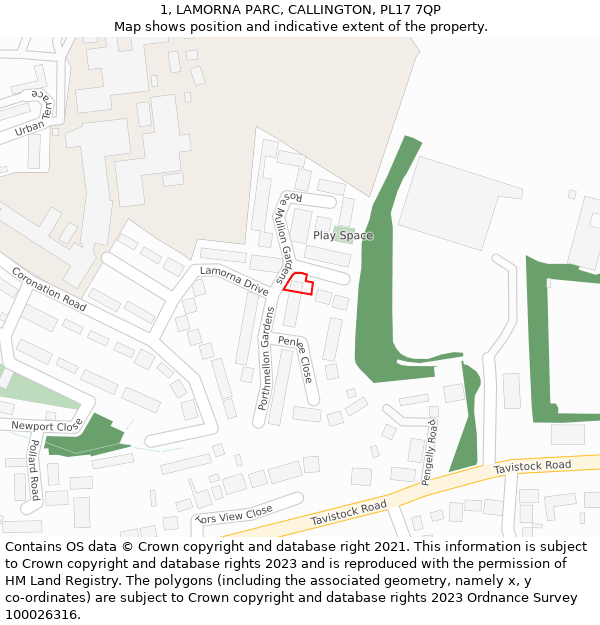 1, LAMORNA PARC, CALLINGTON, PL17 7QP: Location map and indicative extent of plot