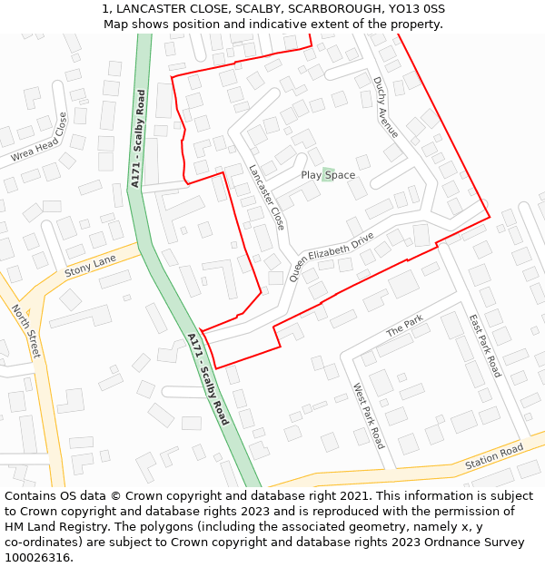 1, LANCASTER CLOSE, SCALBY, SCARBOROUGH, YO13 0SS: Location map and indicative extent of plot