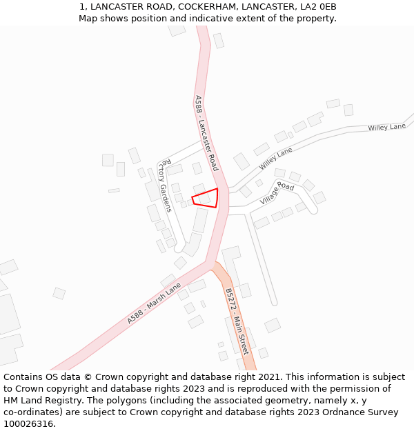 1, LANCASTER ROAD, COCKERHAM, LANCASTER, LA2 0EB: Location map and indicative extent of plot