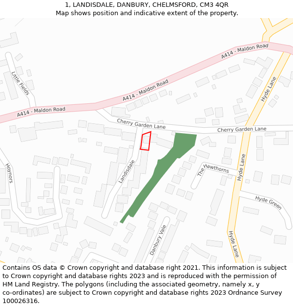 1, LANDISDALE, DANBURY, CHELMSFORD, CM3 4QR: Location map and indicative extent of plot