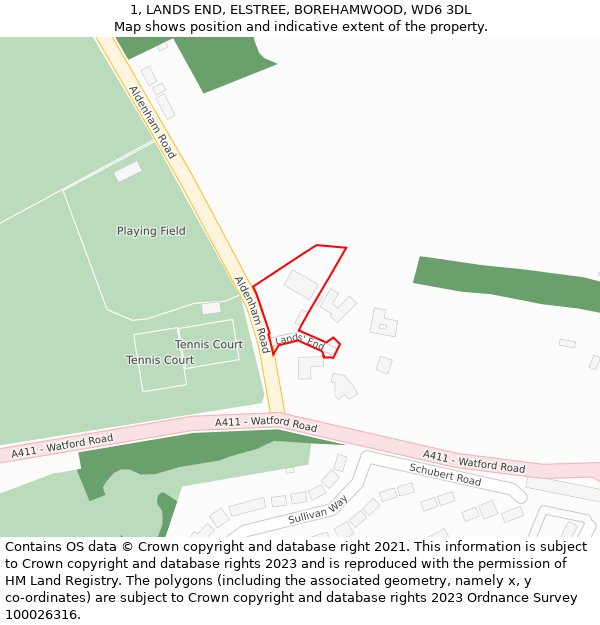 1, LANDS END, ELSTREE, BOREHAMWOOD, WD6 3DL: Location map and indicative extent of plot