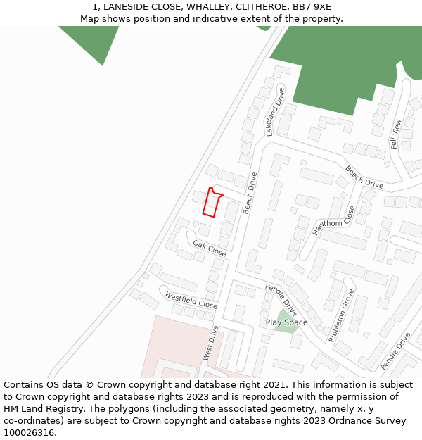 1, LANESIDE CLOSE, WHALLEY, CLITHEROE, BB7 9XE: Location map and indicative extent of plot