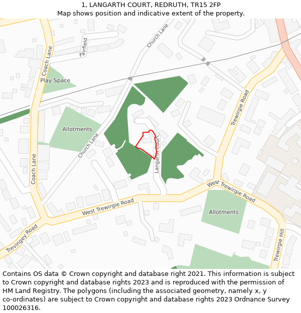 1, LANGARTH COURT, REDRUTH, TR15 2FP: Location map and indicative extent of plot