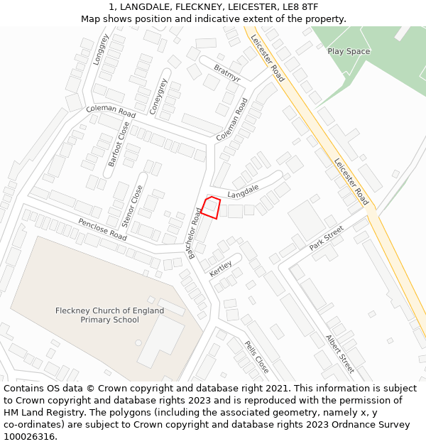 1, LANGDALE, FLECKNEY, LEICESTER, LE8 8TF: Location map and indicative extent of plot