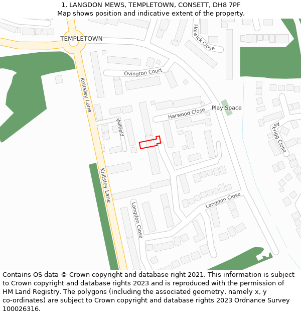 1, LANGDON MEWS, TEMPLETOWN, CONSETT, DH8 7PF: Location map and indicative extent of plot