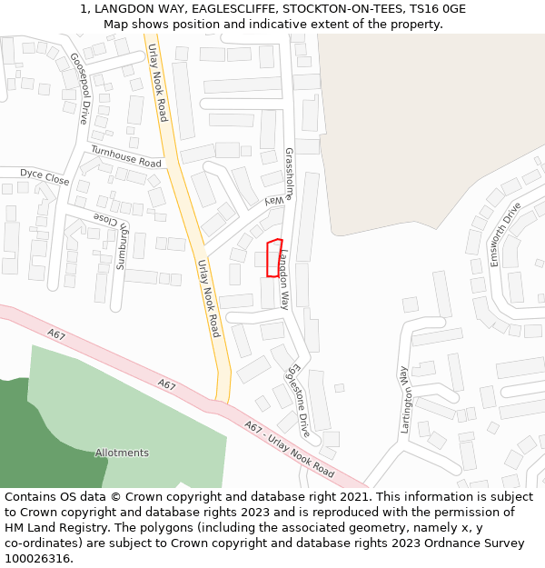 1, LANGDON WAY, EAGLESCLIFFE, STOCKTON-ON-TEES, TS16 0GE: Location map and indicative extent of plot