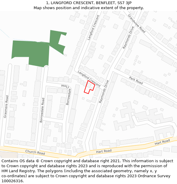 1, LANGFORD CRESCENT, BENFLEET, SS7 3JP: Location map and indicative extent of plot