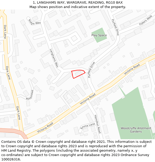 1, LANGHAMS WAY, WARGRAVE, READING, RG10 8AX: Location map and indicative extent of plot