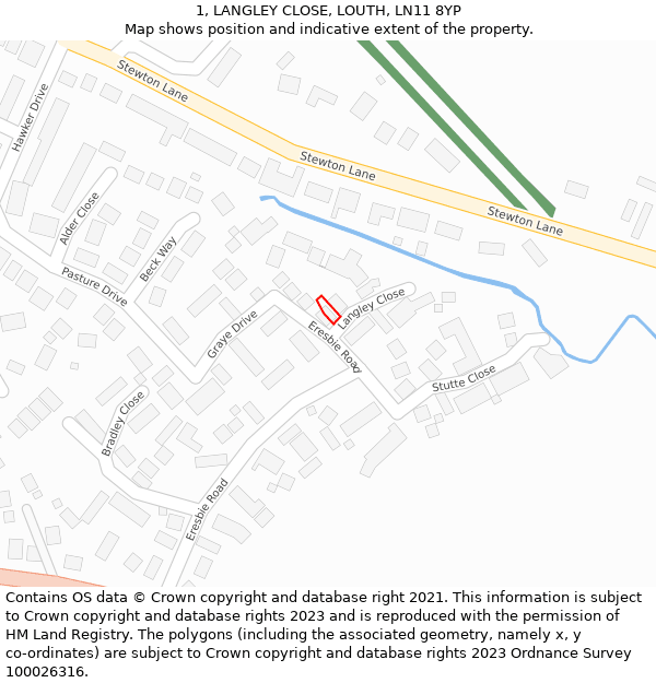 1, LANGLEY CLOSE, LOUTH, LN11 8YP: Location map and indicative extent of plot