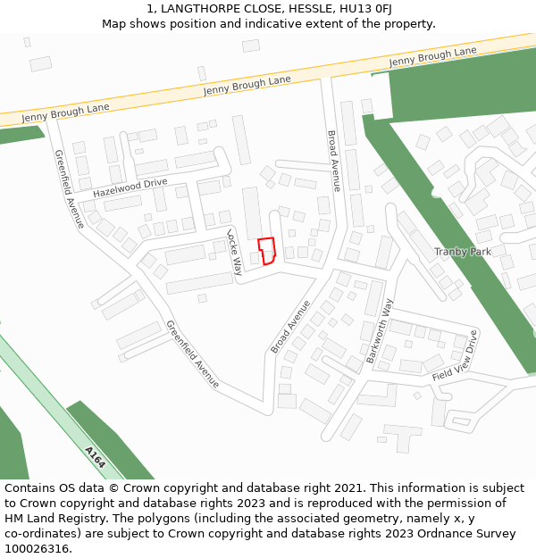 1, LANGTHORPE CLOSE, HESSLE, HU13 0FJ: Location map and indicative extent of plot