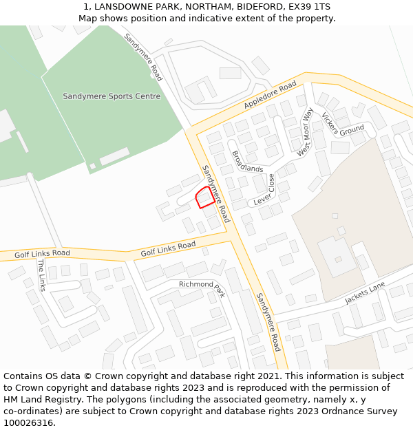 1, LANSDOWNE PARK, NORTHAM, BIDEFORD, EX39 1TS: Location map and indicative extent of plot