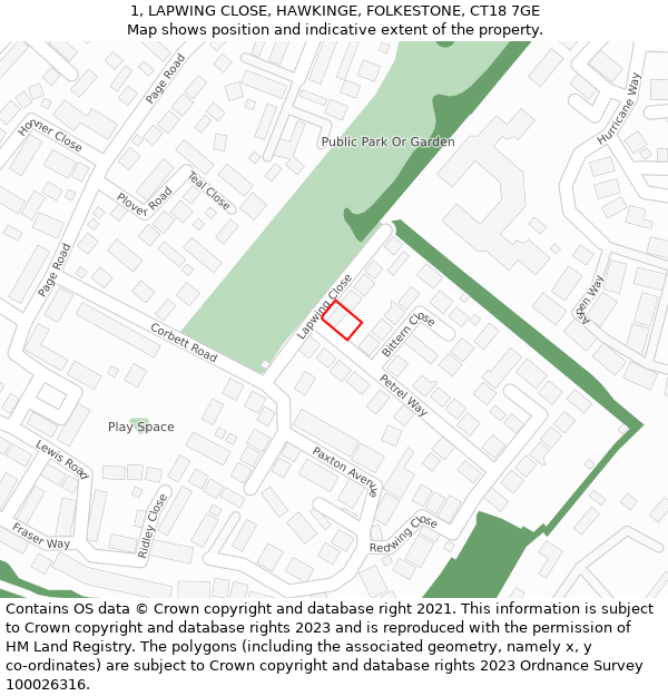 1, LAPWING CLOSE, HAWKINGE, FOLKESTONE, CT18 7GE: Location map and indicative extent of plot