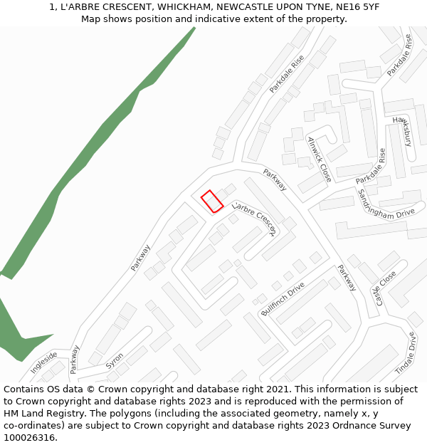 1, L'ARBRE CRESCENT, WHICKHAM, NEWCASTLE UPON TYNE, NE16 5YF: Location map and indicative extent of plot