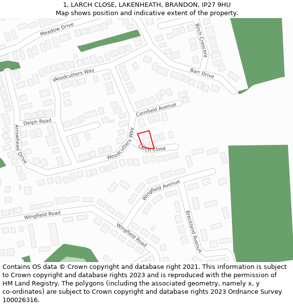 1, LARCH CLOSE, LAKENHEATH, BRANDON, IP27 9HU: Location map and indicative extent of plot