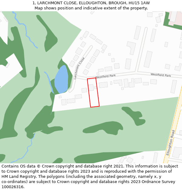 1, LARCHMONT CLOSE, ELLOUGHTON, BROUGH, HU15 1AW: Location map and indicative extent of plot