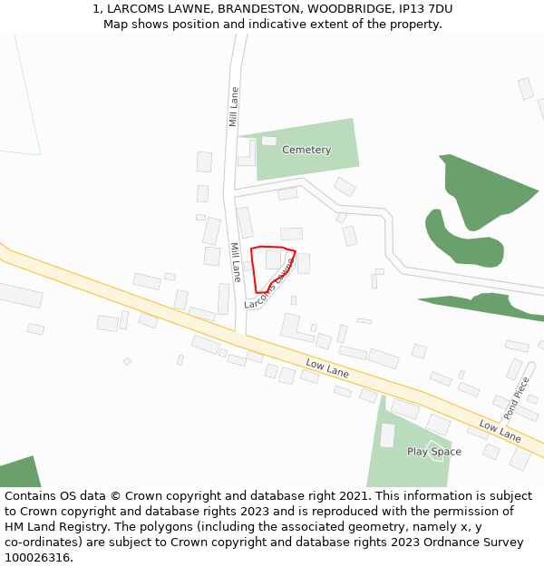 1, LARCOMS LAWNE, BRANDESTON, WOODBRIDGE, IP13 7DU: Location map and indicative extent of plot