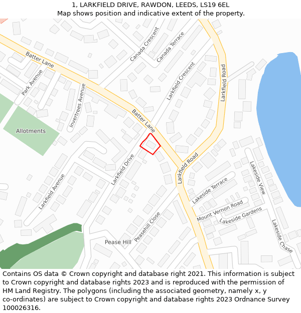 1, LARKFIELD DRIVE, RAWDON, LEEDS, LS19 6EL: Location map and indicative extent of plot