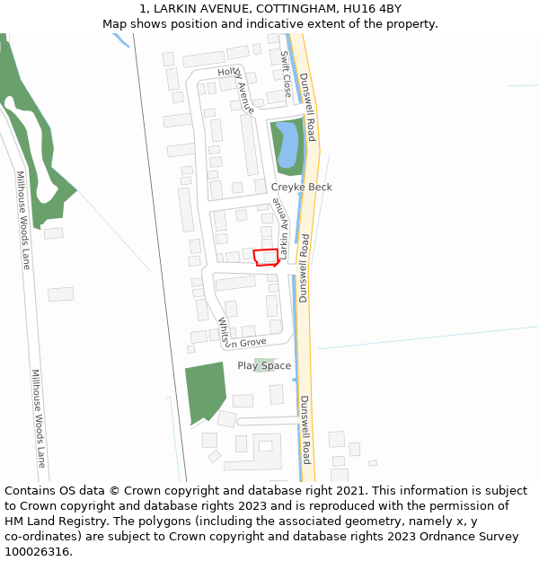 1, LARKIN AVENUE, COTTINGHAM, HU16 4BY: Location map and indicative extent of plot