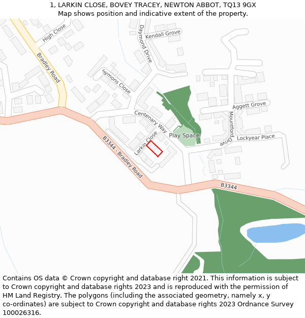 1, LARKIN CLOSE, BOVEY TRACEY, NEWTON ABBOT, TQ13 9GX: Location map and indicative extent of plot