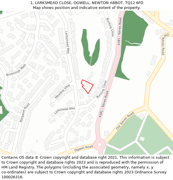 1, LARKSMEAD CLOSE, OGWELL, NEWTON ABBOT, TQ12 6FD: Location map and indicative extent of plot