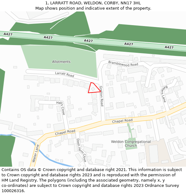 1, LARRATT ROAD, WELDON, CORBY, NN17 3HL: Location map and indicative extent of plot