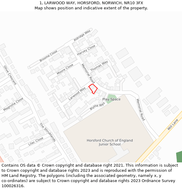 1, LARWOOD WAY, HORSFORD, NORWICH, NR10 3FX: Location map and indicative extent of plot