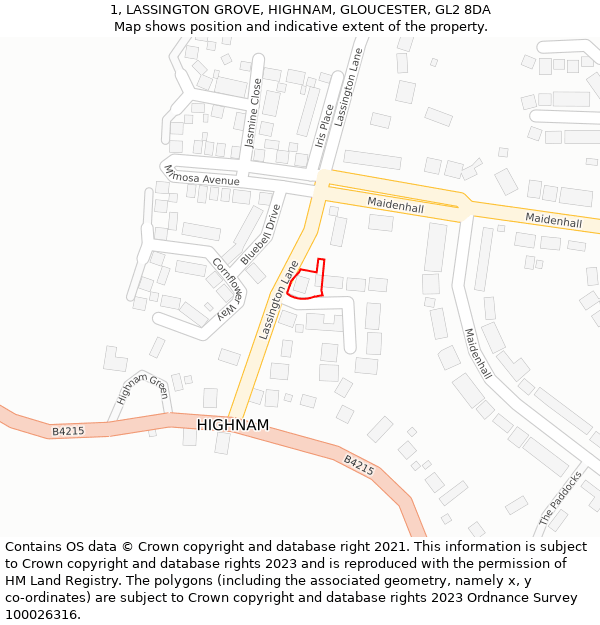 1, LASSINGTON GROVE, HIGHNAM, GLOUCESTER, GL2 8DA: Location map and indicative extent of plot