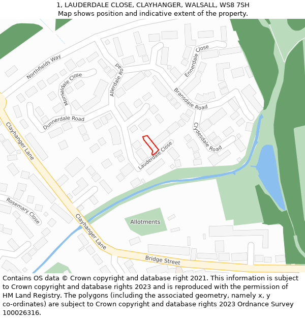 1, LAUDERDALE CLOSE, CLAYHANGER, WALSALL, WS8 7SH: Location map and indicative extent of plot