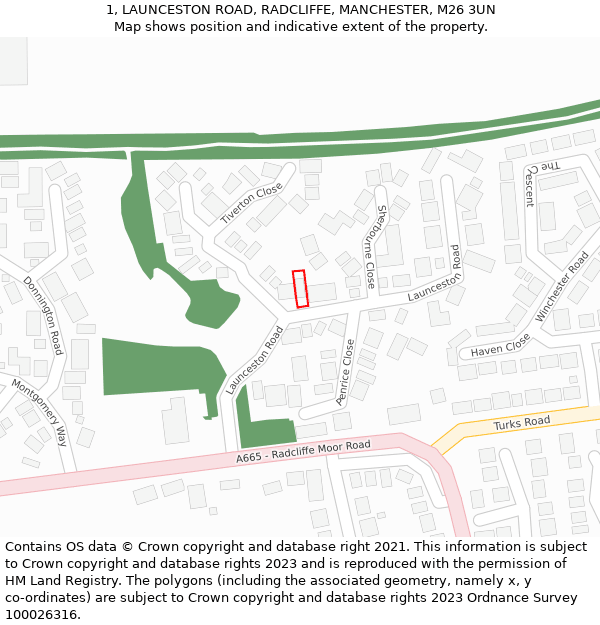 1, LAUNCESTON ROAD, RADCLIFFE, MANCHESTER, M26 3UN: Location map and indicative extent of plot