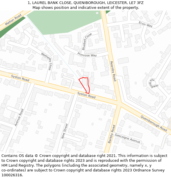 1, LAUREL BANK CLOSE, QUENIBOROUGH, LEICESTER, LE7 3FZ: Location map and indicative extent of plot