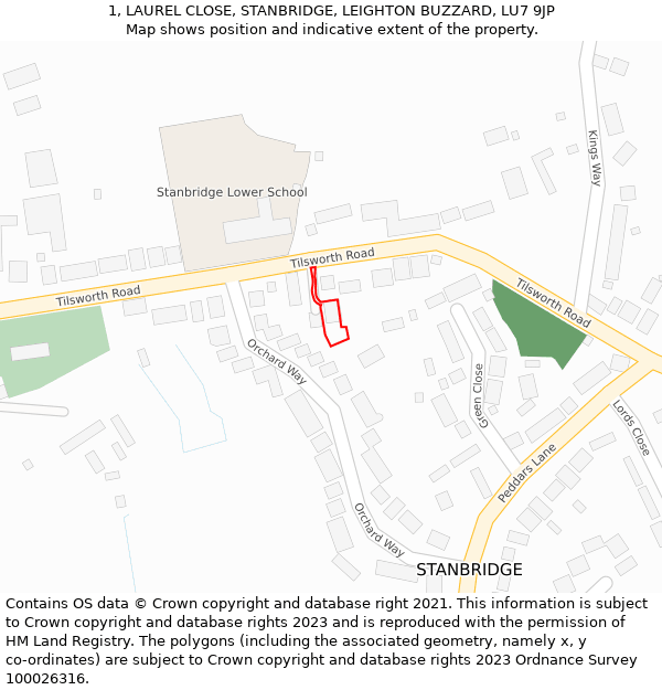 1, LAUREL CLOSE, STANBRIDGE, LEIGHTON BUZZARD, LU7 9JP: Location map and indicative extent of plot