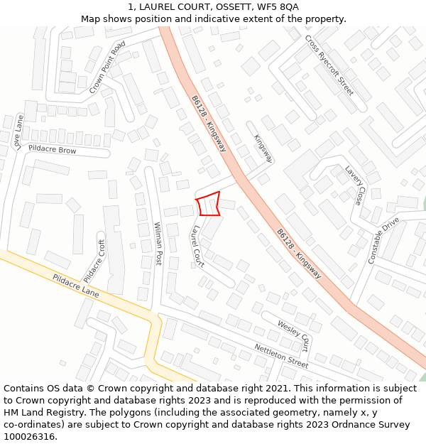 1, LAUREL COURT, OSSETT, WF5 8QA: Location map and indicative extent of plot