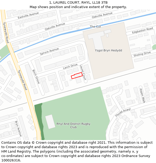 1, LAUREL COURT, RHYL, LL18 3TB: Location map and indicative extent of plot