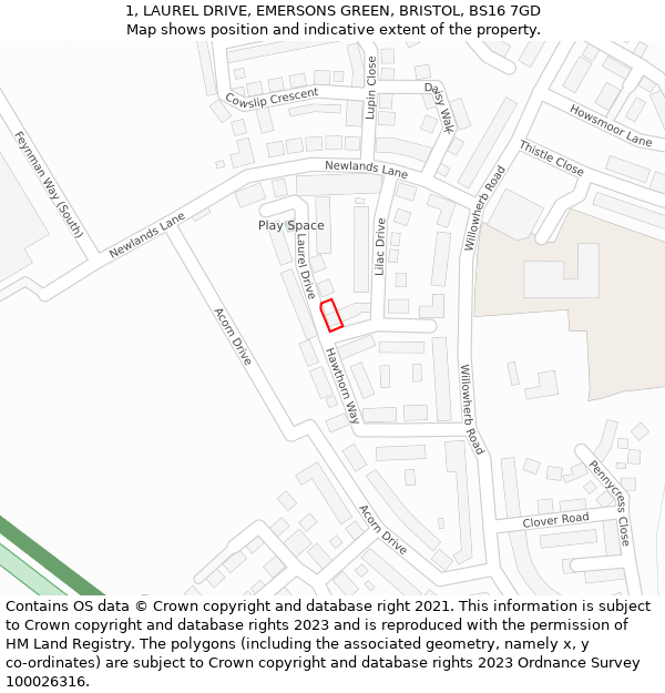 1, LAUREL DRIVE, EMERSONS GREEN, BRISTOL, BS16 7GD: Location map and indicative extent of plot
