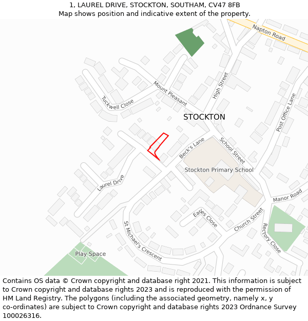 1, LAUREL DRIVE, STOCKTON, SOUTHAM, CV47 8FB: Location map and indicative extent of plot