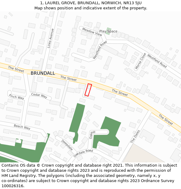 1, LAUREL GROVE, BRUNDALL, NORWICH, NR13 5JU: Location map and indicative extent of plot