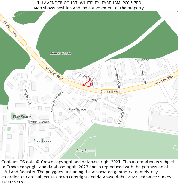 1, LAVENDER COURT, WHITELEY, FAREHAM, PO15 7FD: Location map and indicative extent of plot