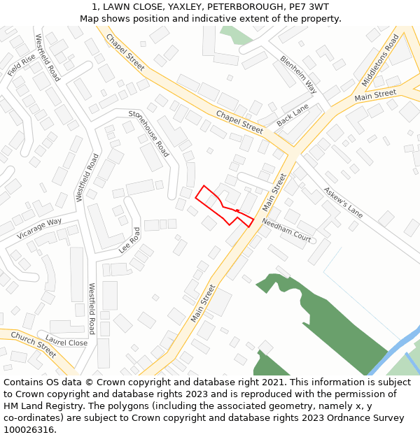 1, LAWN CLOSE, YAXLEY, PETERBOROUGH, PE7 3WT: Location map and indicative extent of plot