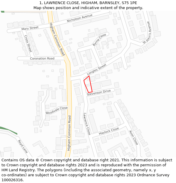 1, LAWRENCE CLOSE, HIGHAM, BARNSLEY, S75 1PE: Location map and indicative extent of plot