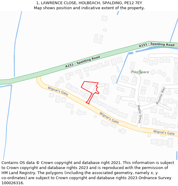 1, LAWRENCE CLOSE, HOLBEACH, SPALDING, PE12 7EY: Location map and indicative extent of plot