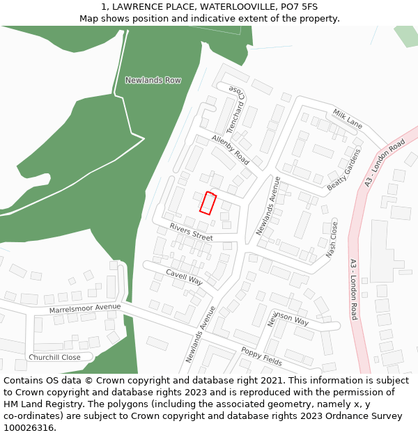 1, LAWRENCE PLACE, WATERLOOVILLE, PO7 5FS: Location map and indicative extent of plot
