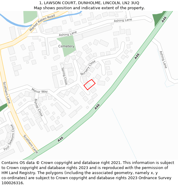 1, LAWSON COURT, DUNHOLME, LINCOLN, LN2 3UQ: Location map and indicative extent of plot