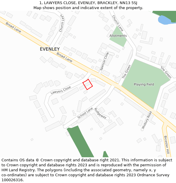 1, LAWYERS CLOSE, EVENLEY, BRACKLEY, NN13 5SJ: Location map and indicative extent of plot