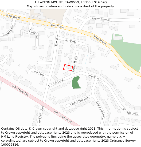 1, LAYTON MOUNT, RAWDON, LEEDS, LS19 6PQ: Location map and indicative extent of plot