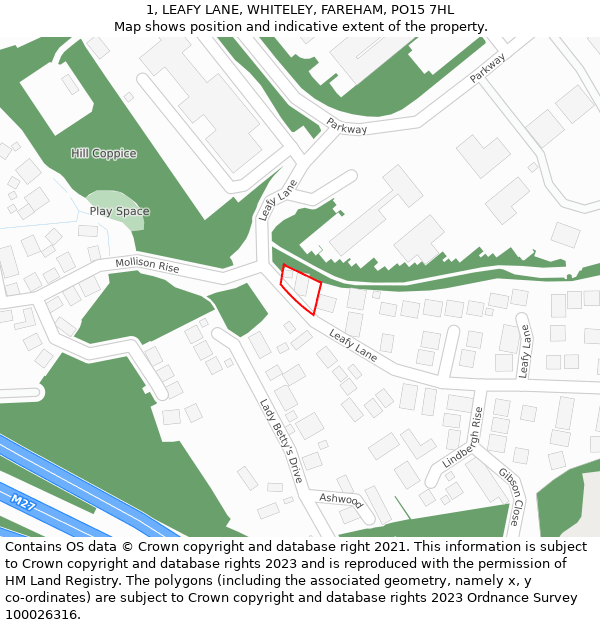 1, LEAFY LANE, WHITELEY, FAREHAM, PO15 7HL: Location map and indicative extent of plot
