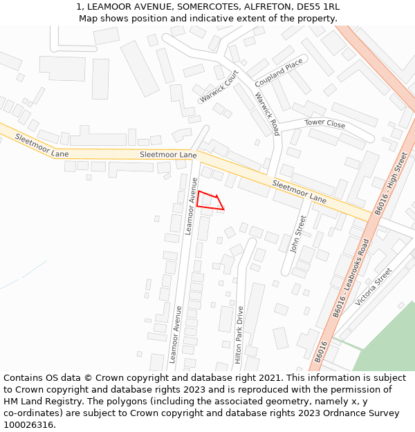 1, LEAMOOR AVENUE, SOMERCOTES, ALFRETON, DE55 1RL: Location map and indicative extent of plot